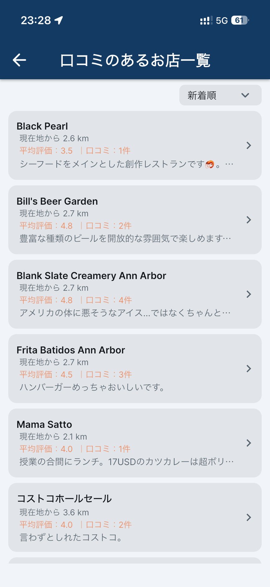 TasteLensの口コミのあるお店一覧画面。新着順でお店が一覧表示されている。