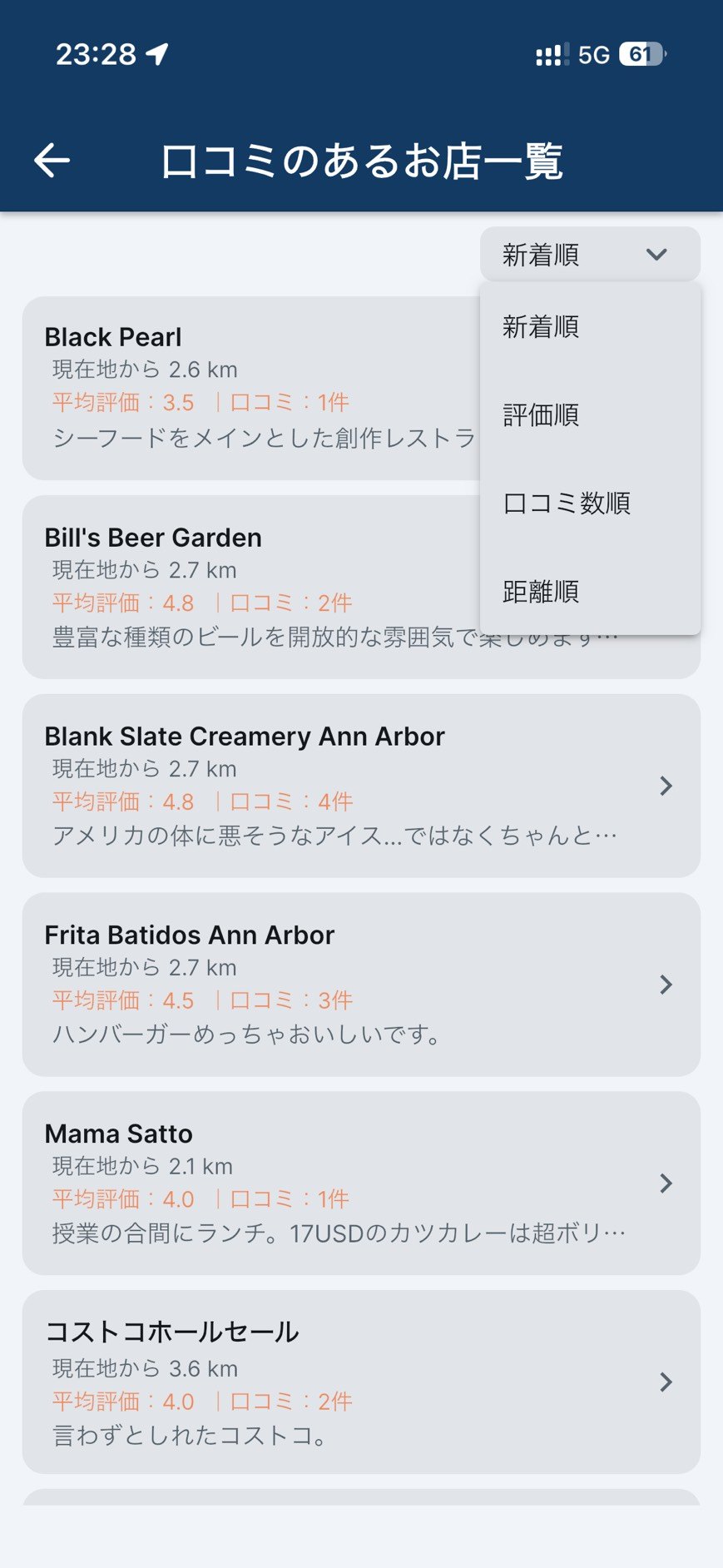 TasteLensの口コミのあるお店一覧の並び替えメニュー。新着順、評価順、口コミ数順、距離順を選べる。